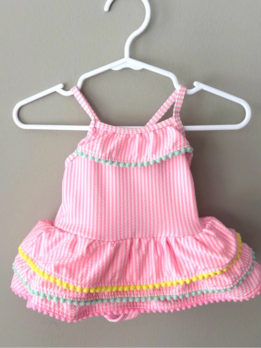 Wetsuit Club Pink Striped Baby Girls' Swimsuit with Pom Trim Size 3m